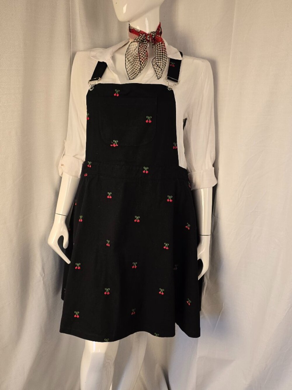 Cider 100% Cotton Black Bib Dress with Embroidered Cherries Size 3XL